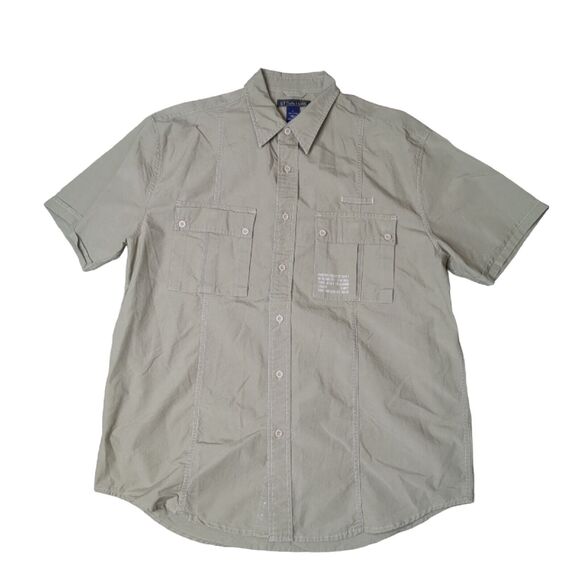 Vintage STRUCTURE Men's Large Khaki Military Style Button Front Shirt Unique - Picture 1 of 5